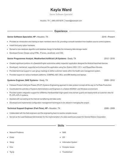 Senior Software Specialist Resume