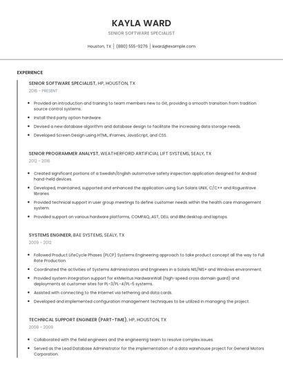 Senior Software Specialist Resume