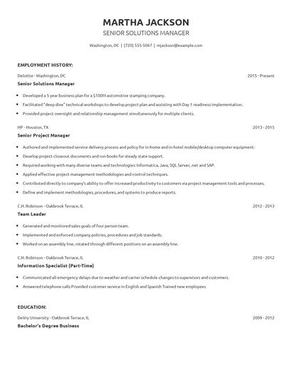 Senior Solutions Manager Resume