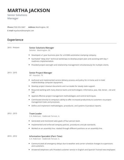 Senior Solutions Manager Resume