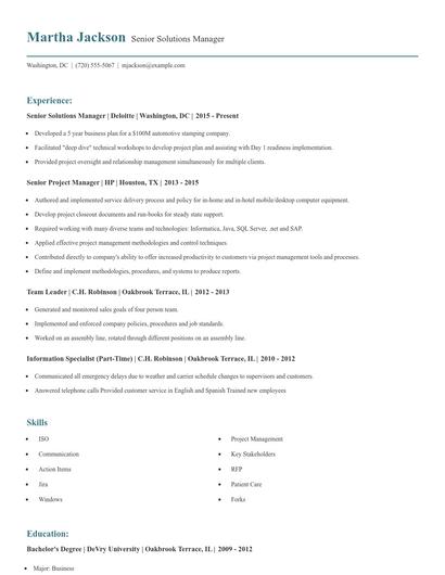 Senior Solutions Manager Resume