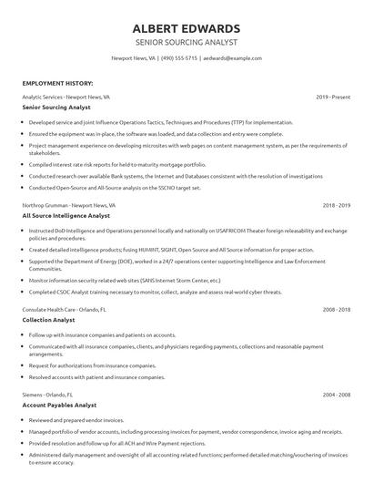Senior Sourcing Analyst Resume