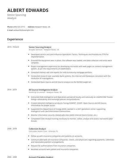 Senior Sourcing Analyst Resume