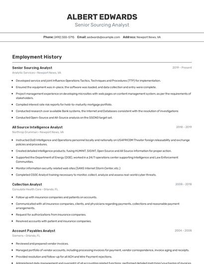 Senior Sourcing Analyst Resume