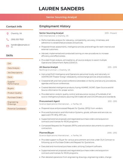 Senior Sourcing Analyst Resume