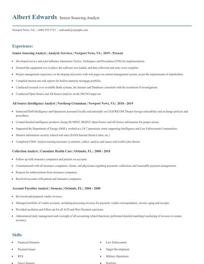 Senior Sourcing Analyst Resume
