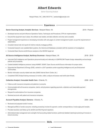 Senior Sourcing Analyst Resume