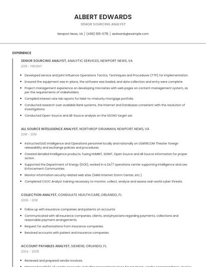 Senior Sourcing Analyst Resume