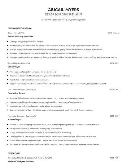 Senior Sourcing Specialist Resume