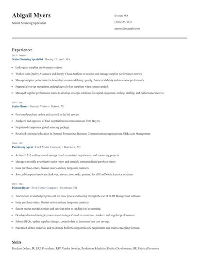 Senior Sourcing Specialist Resume