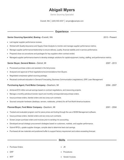 Senior Sourcing Specialist Resume