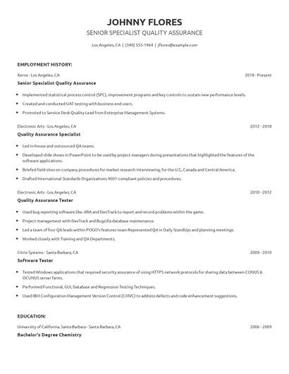 Senior Specialist Quality Assurance Resume