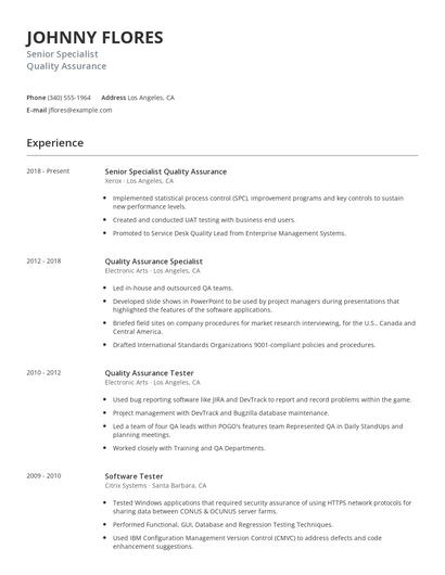 Senior Specialist Quality Assurance Resume