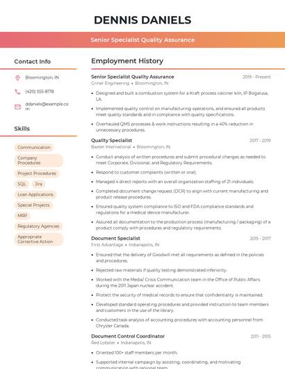 Senior Specialist Quality Assurance Resume