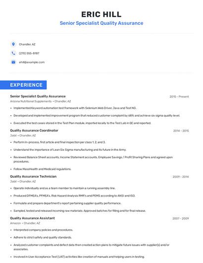 Senior Specialist Quality Assurance Resume