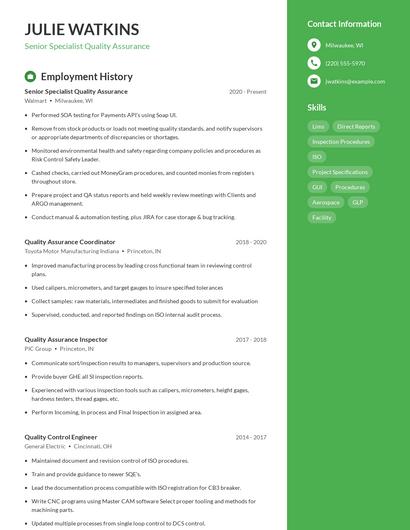 Senior Specialist Quality Assurance Resume