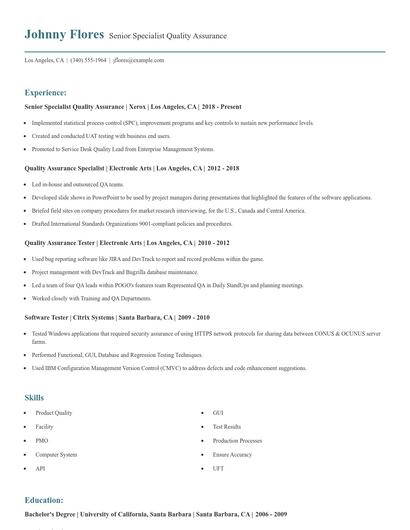 Senior Specialist Quality Assurance Resume