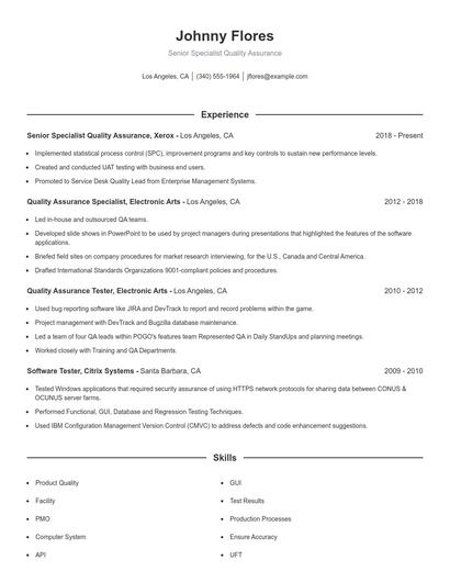 Senior Specialist Quality Assurance Resume