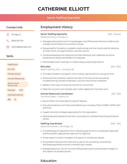 Senior Staffing Specialist Resume