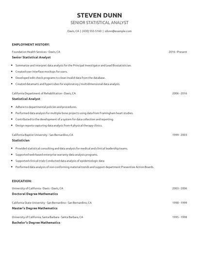 Senior Statistical Analyst Resume