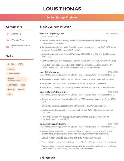 Senior Storage Engineer Resume