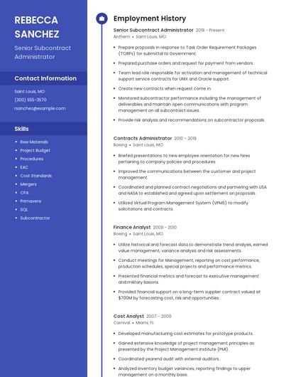 Senior Subcontract Administrator Resume