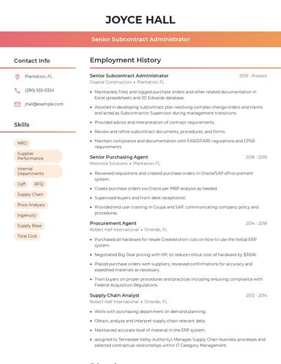 Senior Subcontract Administrator Resume