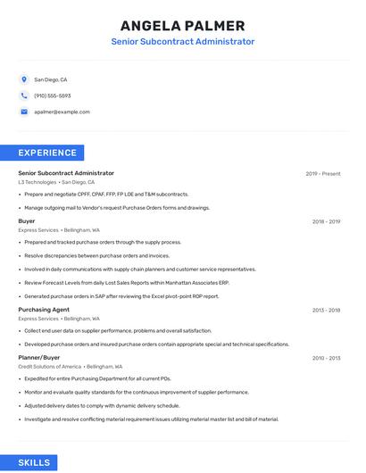 Senior Subcontract Administrator Resume