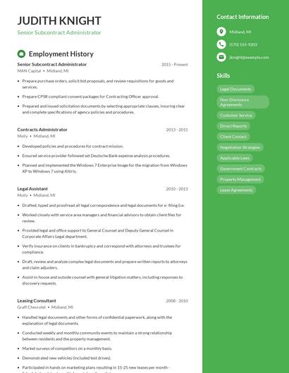 Senior Subcontract Administrator Resume