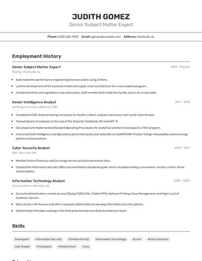 Senior Subject Matter Expert Resume