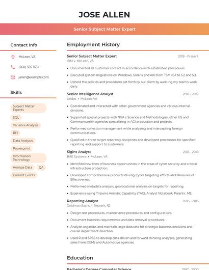 Senior Subject Matter Expert Resume