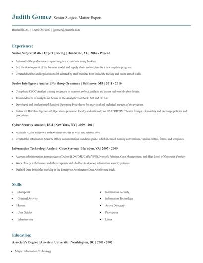Senior Subject Matter Expert Resume