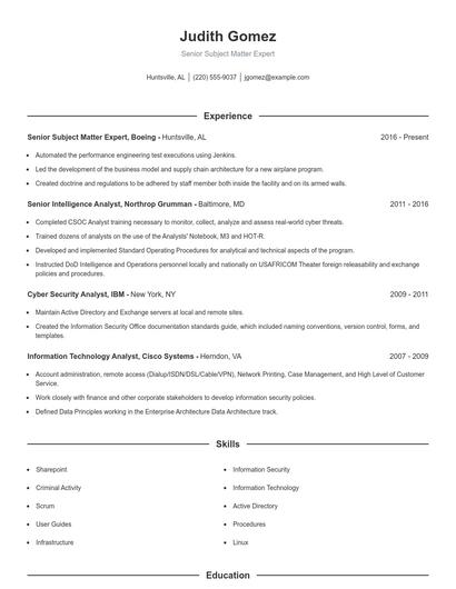 Senior Subject Matter Expert Resume