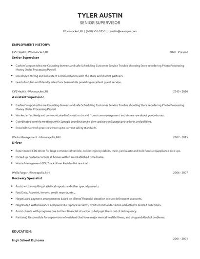 Senior Supervisor Resume
