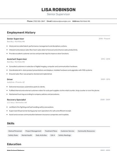 Senior Supervisor Resume