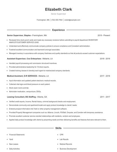Senior Supervisor Resume