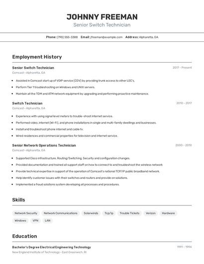 Senior Switch Technician Resume