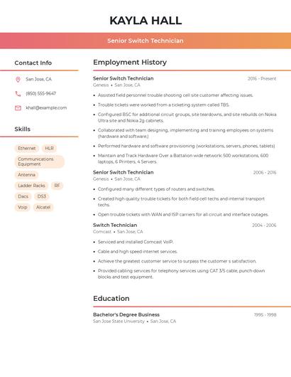 Senior Switch Technician Resume