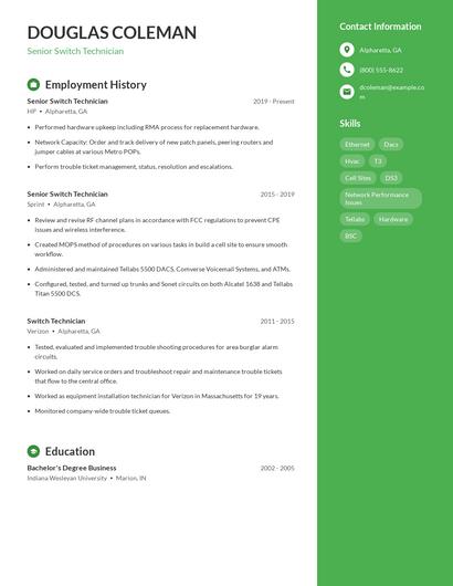 Senior Switch Technician Resume