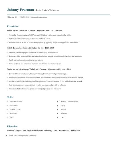 Senior Switch Technician Resume