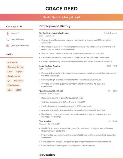 Senior Systems Analyst Lead Resume
