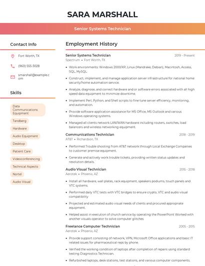 Senior Systems Technician Resume