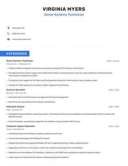 Senior Systems Technician Resume