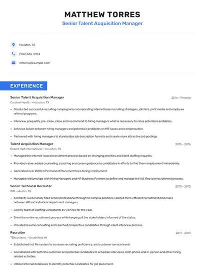 Senior Talent Acquisition Manager Resume