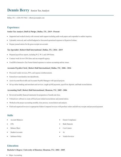 Senior Tax Analyst Resume