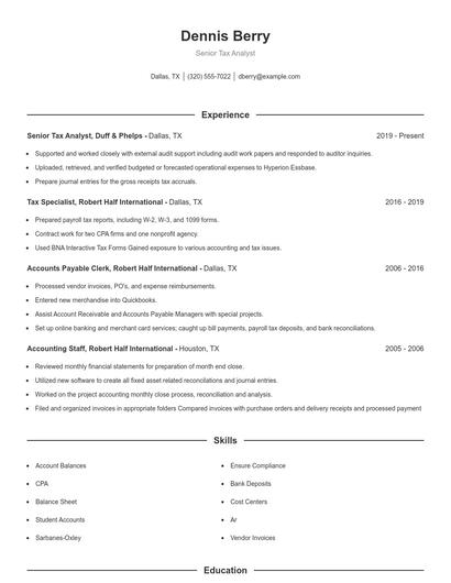 Senior Tax Analyst Resume