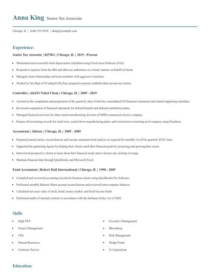Senior Tax Associate Resume