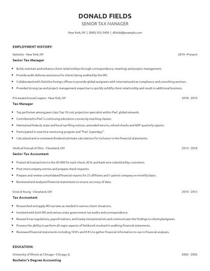 Senior Tax Manager Resume