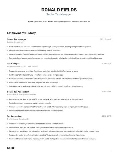 Senior Tax Manager Resume