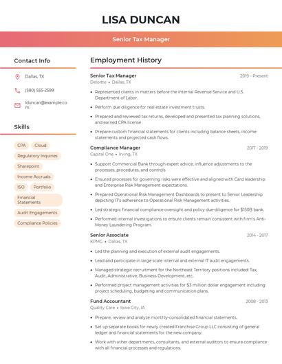 Senior Tax Manager Resume